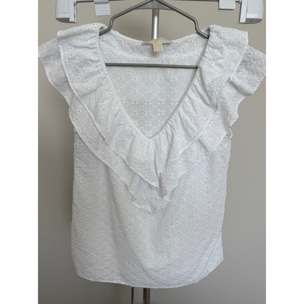 Michael Kors Top Womens S White Cotton Eyelet Ruffle V-Neck Cap Sleeve Blouse MK